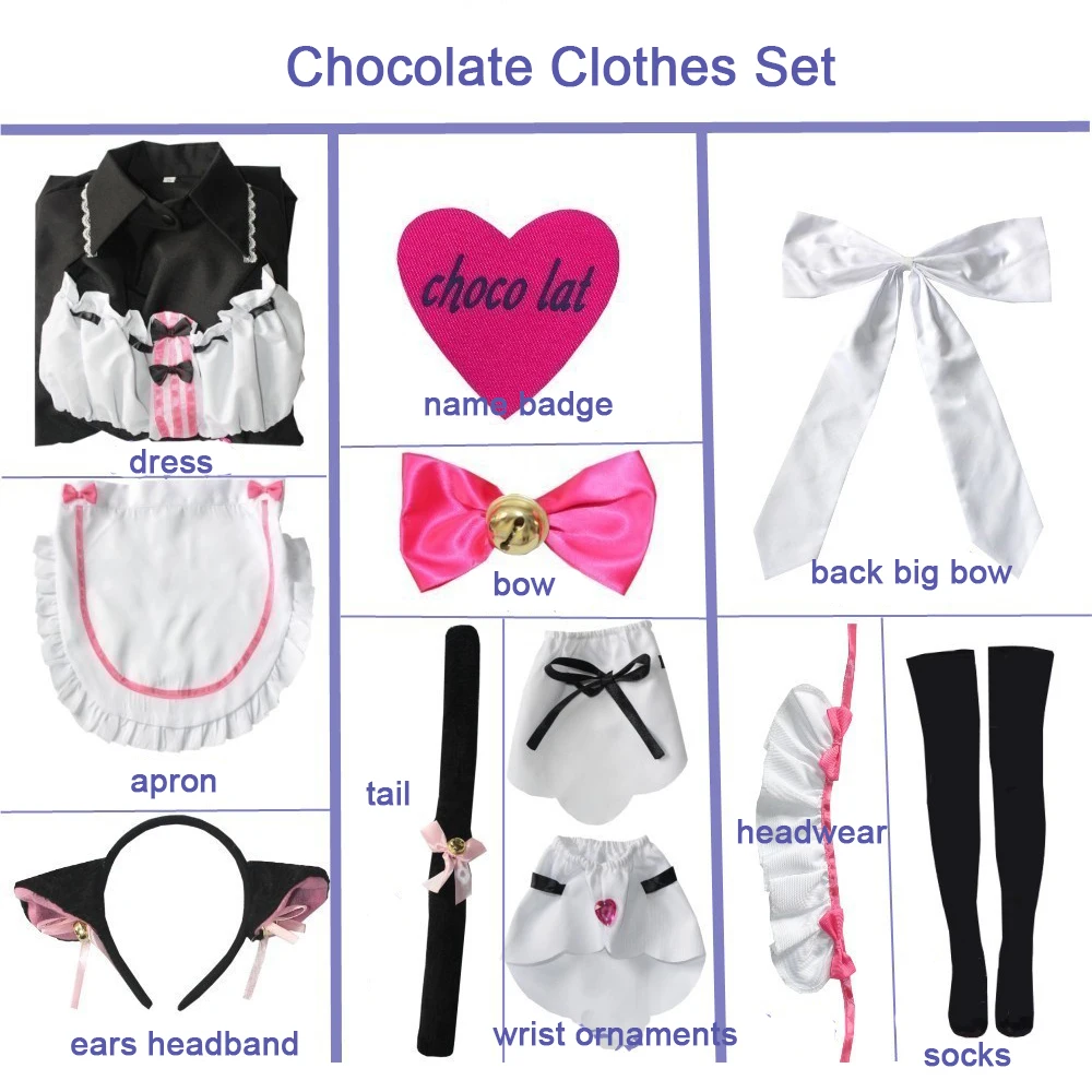 Netelesara Anime Cosplay Costume pour femme, robe de femme de chambre Lolita, bande de sauna, oreilles de chat, queue, tenue de fête d'Halloween, perruque, chaussures, chocolat, vanille