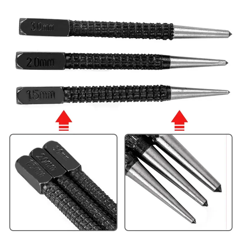 1/3 Pcs Center Punch 1.5mm/2mm/3mm Alloy High Carbon Steel High Hardness Non-Slip For Locator Metal Wood Marking Drilling Tool