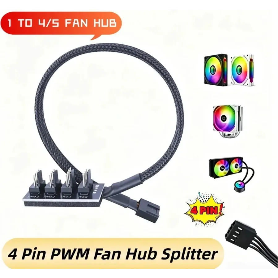 4 Pin PC CPU Cooling FAN HUB 1 to 5 PWM FAN Power Cable Adapter 1 to 4 Fan Hub Sleeved Splitter for Computer Cooler Case Fans