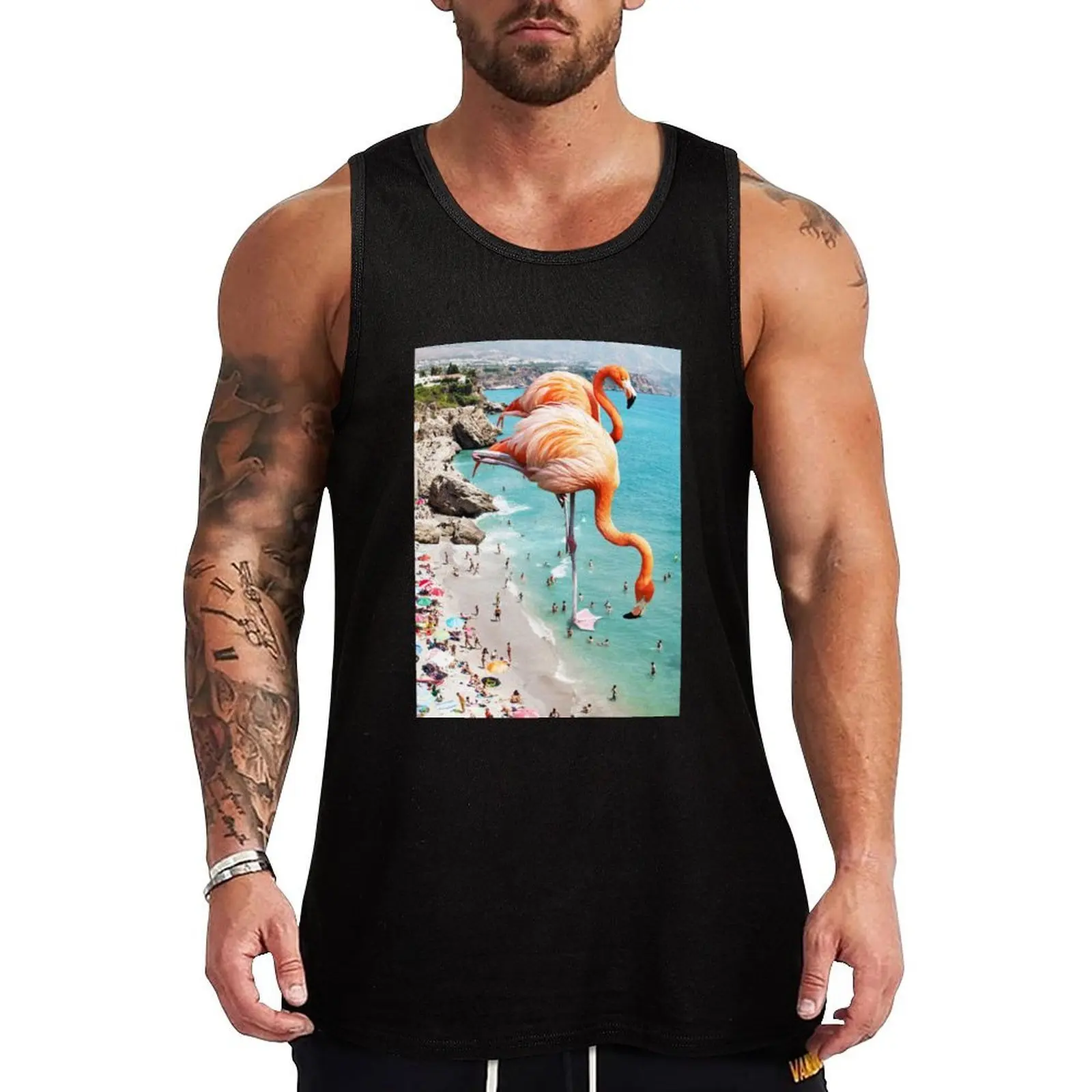 

Flamingos on the Beach, Wildlife Surrealism Birds, Nature Flamingo Fantasy Beach Summer Photography Tank Top