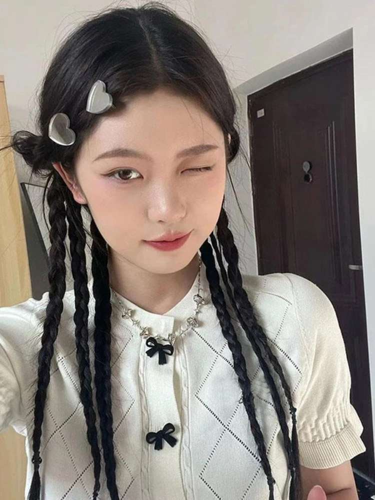 New Korea Chic Ins Sweet Fungus Cardigan Small Fragrance Half Sleeve Bow Hollow Out Jumper Sweet Slim Casual Mujer