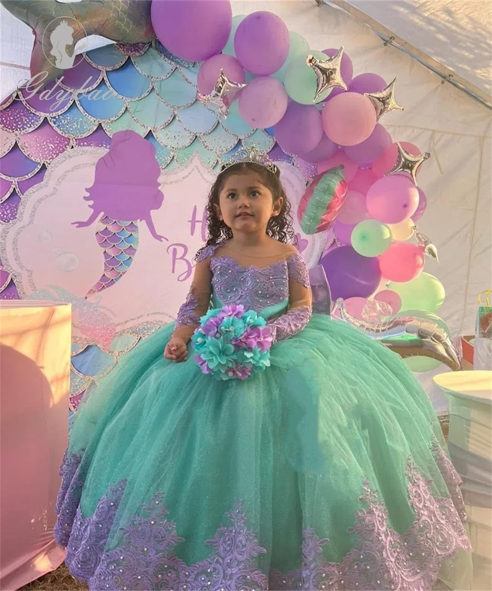 Lavanda apliques vestidos da menina de flor arco fofo tule aniversário concurso casamento banquete beleza concurso primeira comunhão