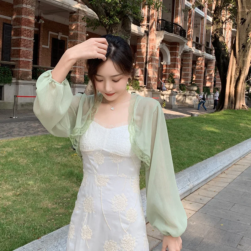 Elegant Lace Trim Chiffon Shrug For Women Thin Sun Protection Long Sleeve Cropped Top Shawl Bolero Outer Cardigan Women's Jacket