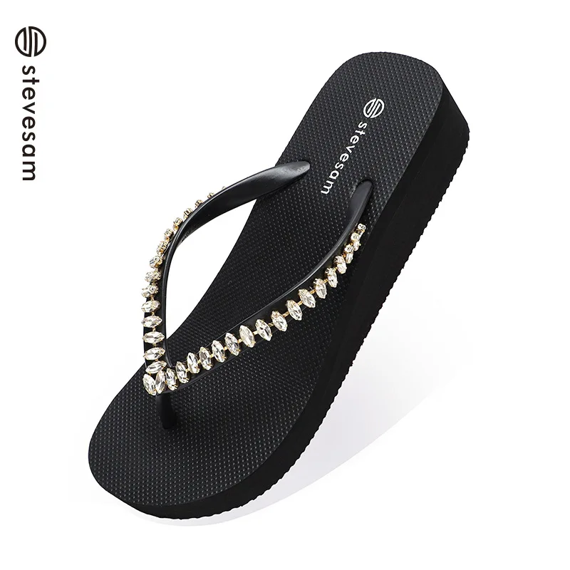 Rhinestone herringbone slippers for women wear slope heels fashionable anti-skid thick soled summer women's beach sandals