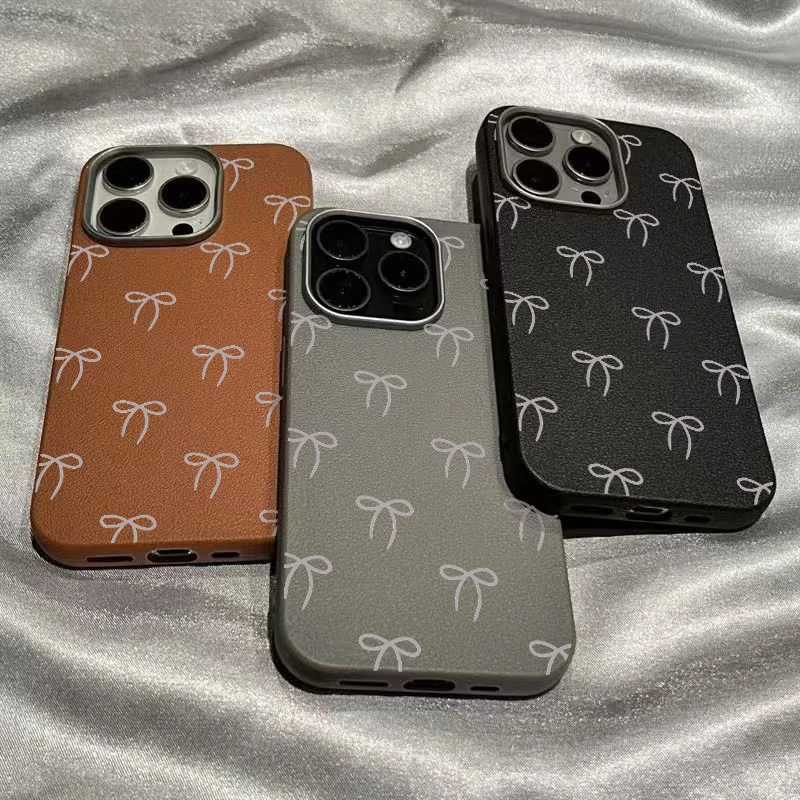 

Vintage Simple Cute Bowknot Case Compatible for IPhone 11 15 13 16 12 14 Pro Max XR X 16 15 14 Plus XS Max Leather Texture Case