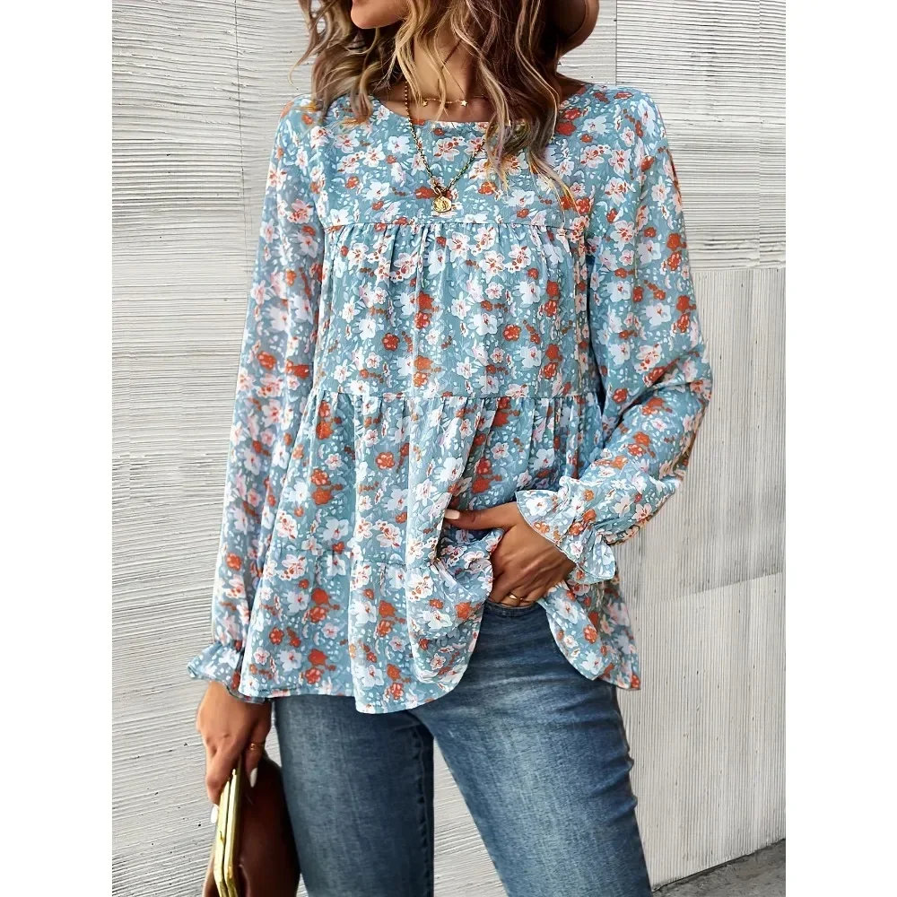 حجم كبير 1XL-5XL المرأة الجديدة التلبيب الياقة البوهيمي شيك الأزهار طباعة قميص مع السيدات عادية كم طويل بلوزة قميص علوي #1