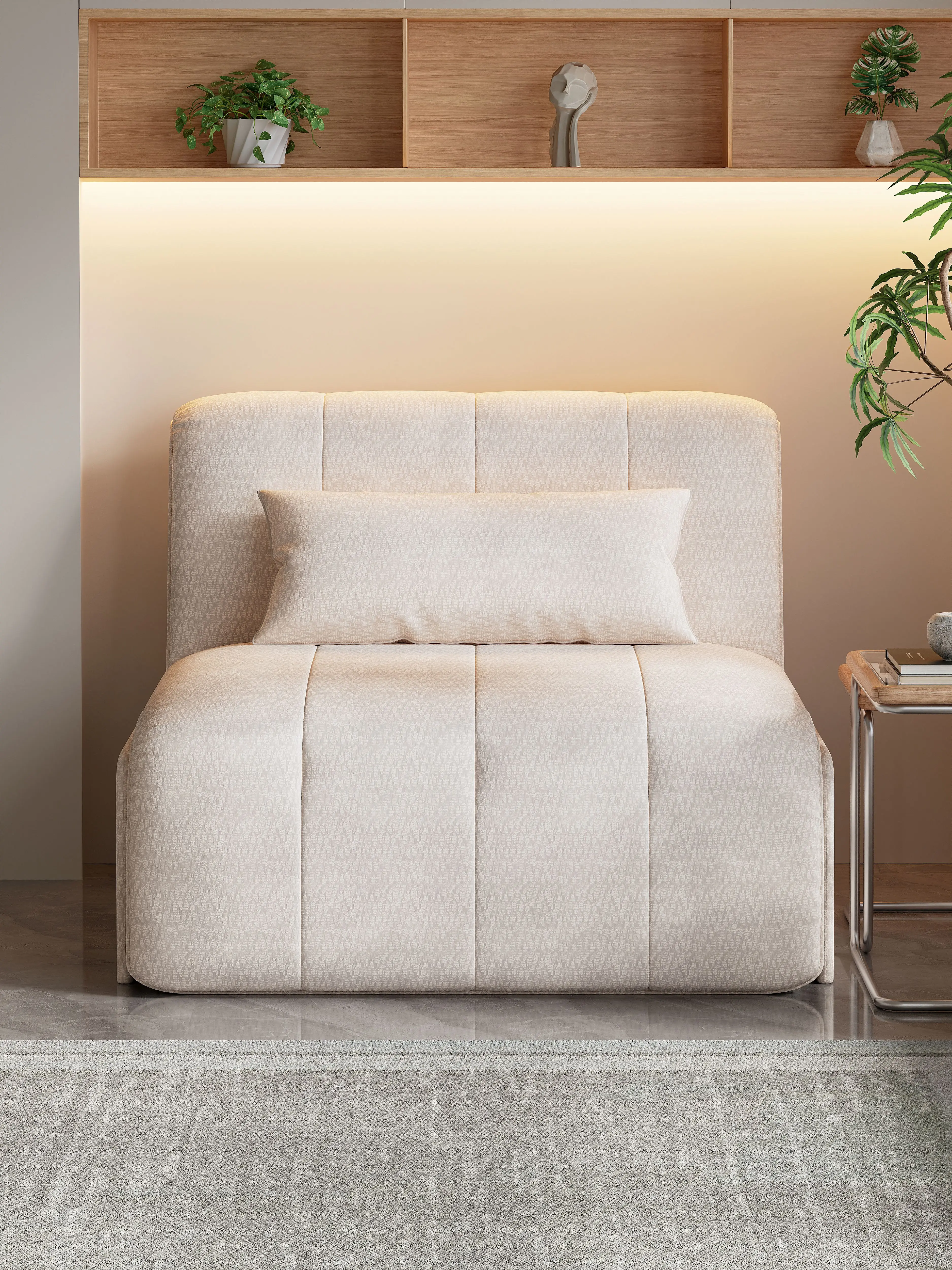 #Modern Linen Leather Single Sleeper Sofa Chair Convertible Bed for Apartment Living Room or Study Metal Frame