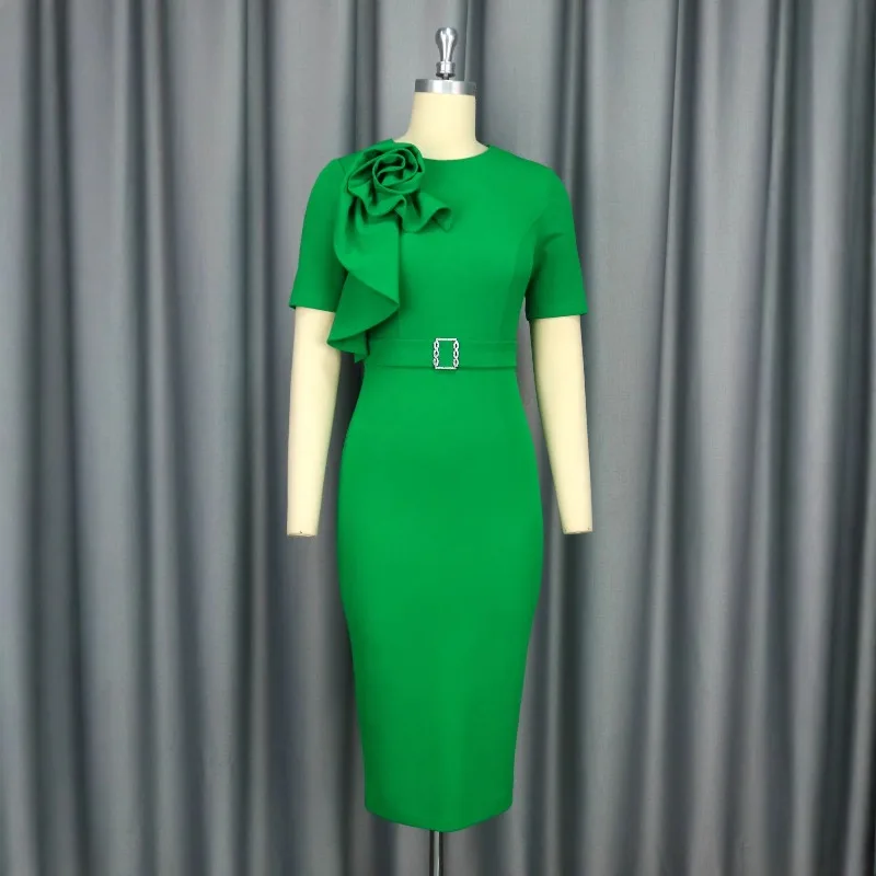 

L-4XL Plus Size African Party Evening Dresses for Women Spring 2026 Summer African Short Sleeve Green Midi Bodycon Dress Outfits