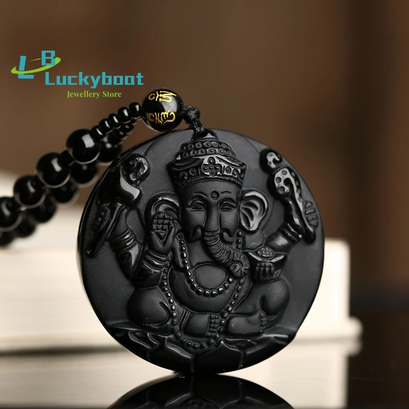 

Natural Black Obsidian Carved Ganesh Elephant Lucky Pendants Free Necklace Fine Stone Crystal Fashion woman man Amulet Jewelry