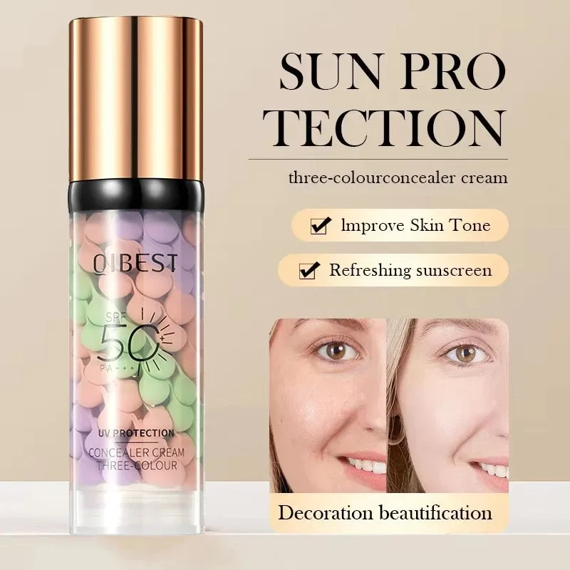 QIBEST Face Makeup Primer Tri-color Cream Brighten Contour Color Isolation Waterproof Foundation Natural Makeup Base Cream 40g