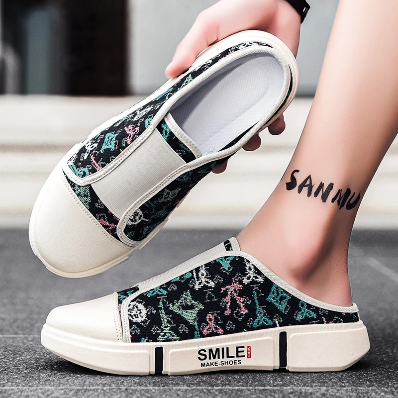 

Мужские полутапочки, новинка 2023 года, летняя дышащая парусиновая повседневная обувь без шнуровки для ленивых людей, трендовые кроссовки на китайском шикарном каблуке