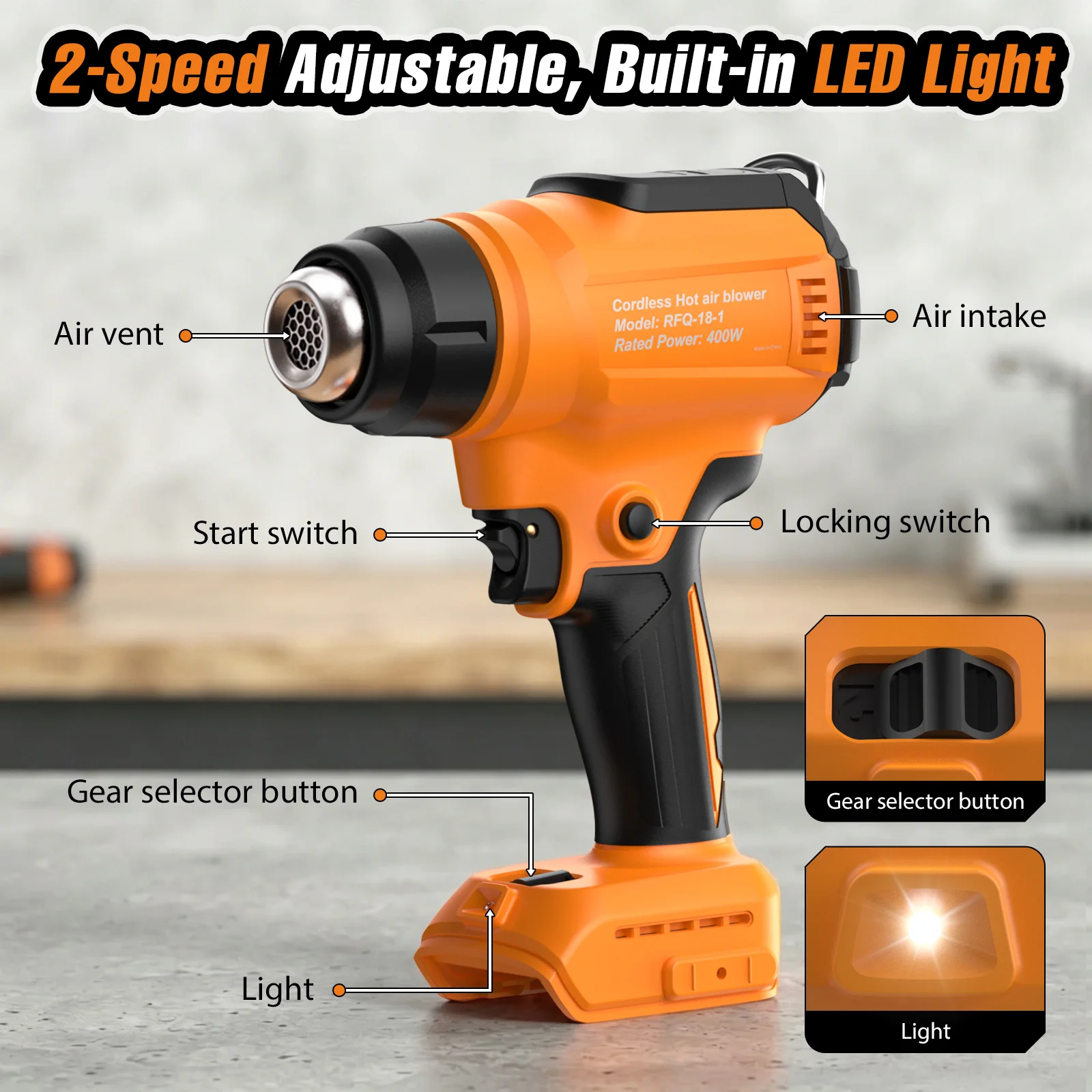 Akku-Heißluftpistole, kompatibel mit Makita- und Dewalt-Akkus, 480 W, 2 Geschwindigkeitsstufen, maximale Heizleistung 720. ℃ Mit LED-Licht zum Schrumpfen, Lackentfernen und Anbringen von Autofolien – Detail 2