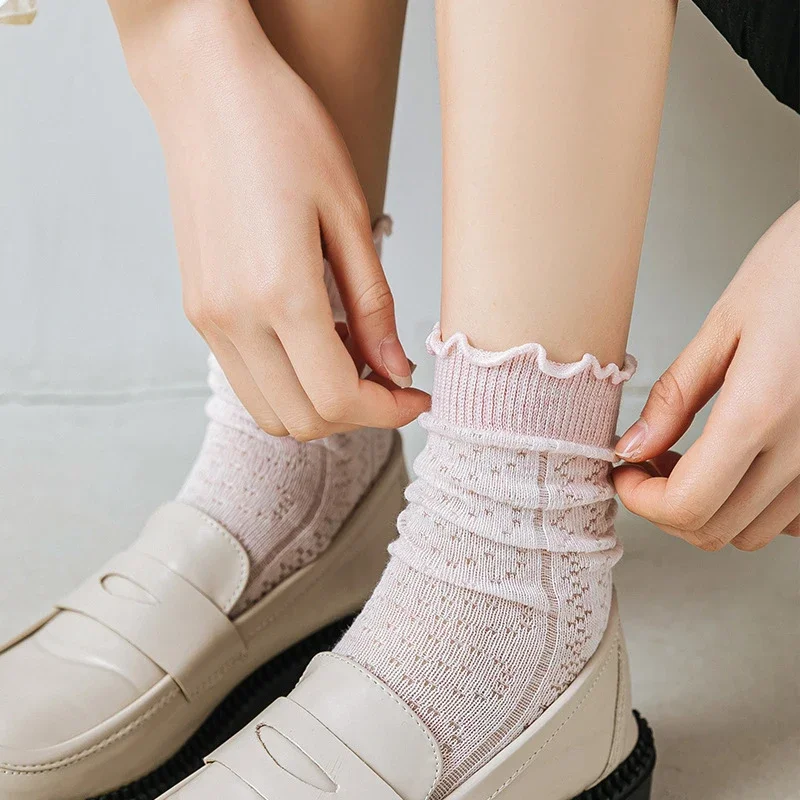 Women Socks Lolita Kawaii Cute Thin Mesh Breathable Loose Long Cotton Sock Solid Color Casual Summer Fashion Girls Ankle Sox