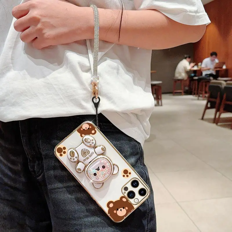 Diamond Wrist Strap Lanyard Cute Bear Phone Holder Case For iPhone 16 15 14 13 12 11 Xs Pro Max Mini X XR Plus Stand Back Cover