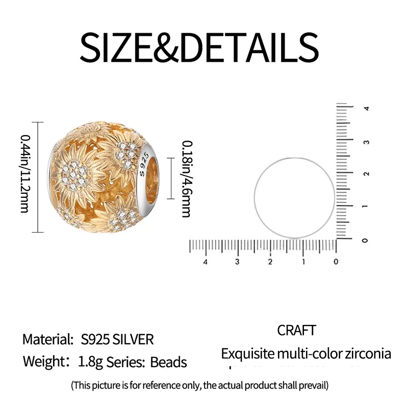 Abalorio de girasol de oro original de Plata de Ley 925, cuentas DIY, pulsera, collar, compromiso, regalo de joyería de cumpleaños