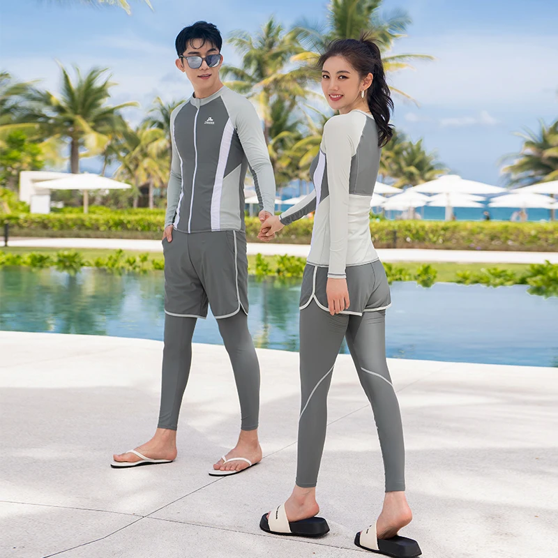 Long Sleeve Rash Guard Women Patchwork 5 Pieces Swimsuit Swimwear Bathing Suit Pad Zipper Surfing Long Pant Couple Men 3 Pieces