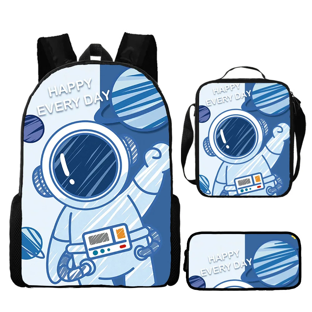 Cartoon Out Space Astronaut School Backpack for Teens Kids Bookbag Set with Lunch Box Pencil Case Travel Laptop Backpack