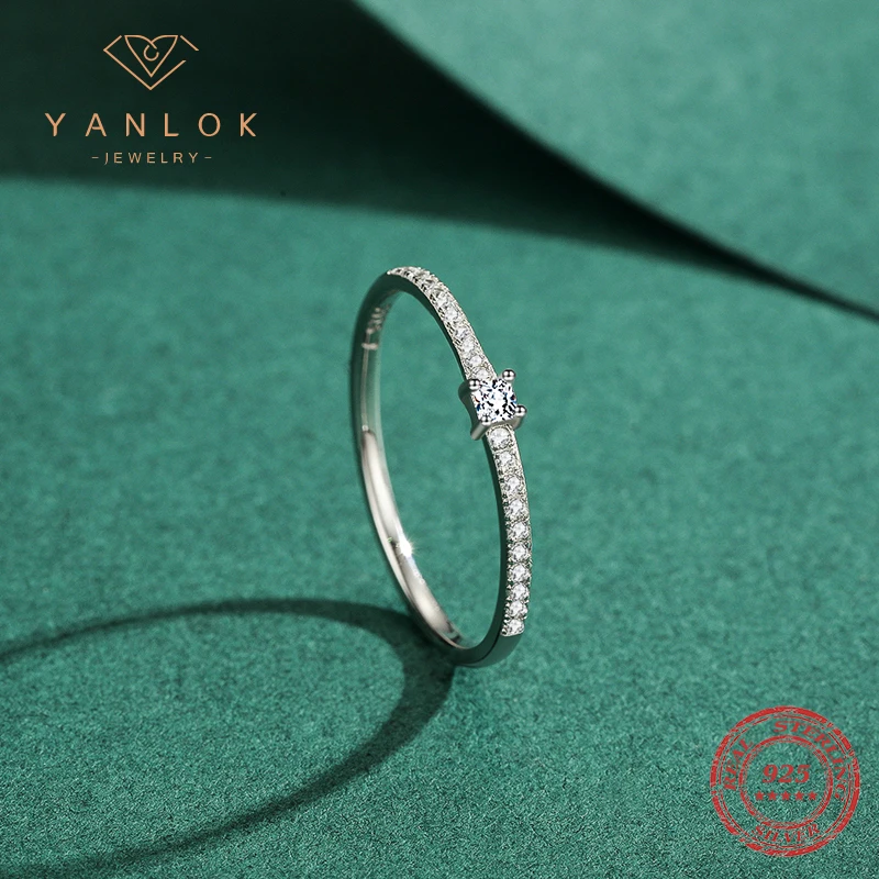 YANLOK Vintage 925 Sterling Silver Sparkling AAAA Cube Zirconia Rings for Women Wedding Stackable Finger Ring Classic Jewelry