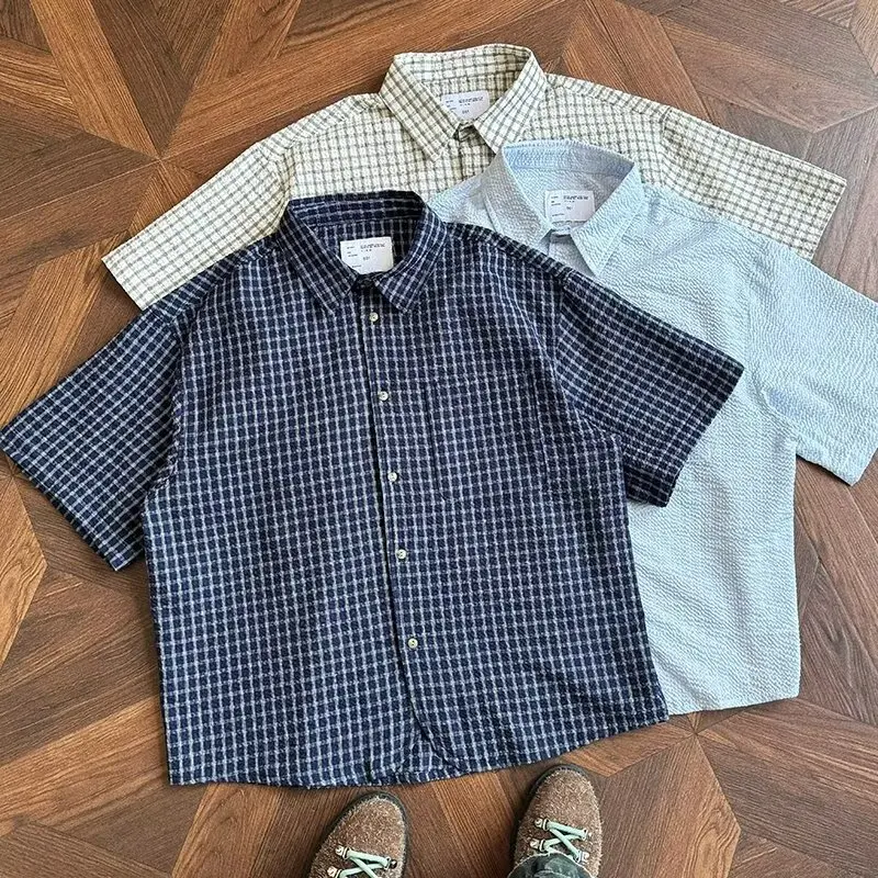 

Summer ort Wide Fit irt Men's Student Retro Plaid Couple's Top Cleanfit Trendy ort Sve Button up Youthful Summer irt