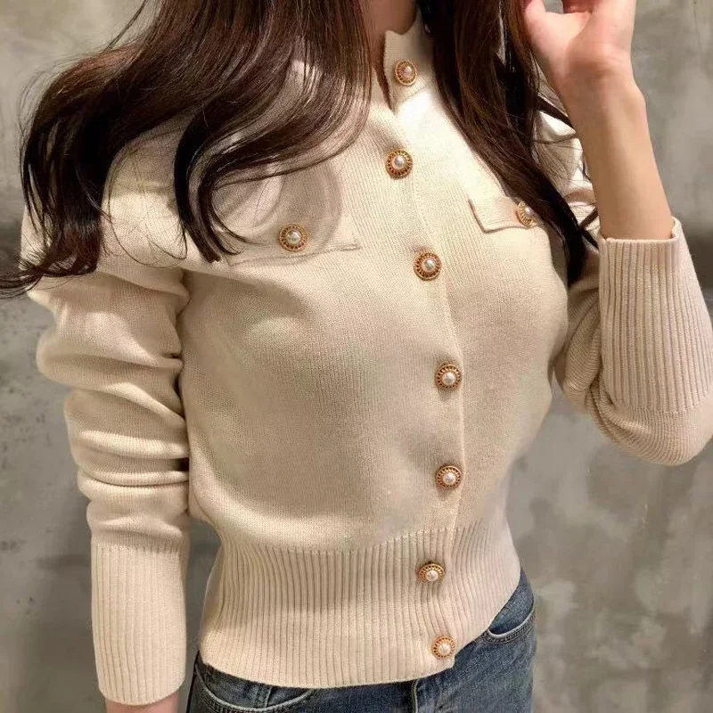 Sweater Knitted Cardigan Button Jacket 2024 Autumn Winter V-neck Long Sleeve Casual Short Tops For Women Sweater Beige White