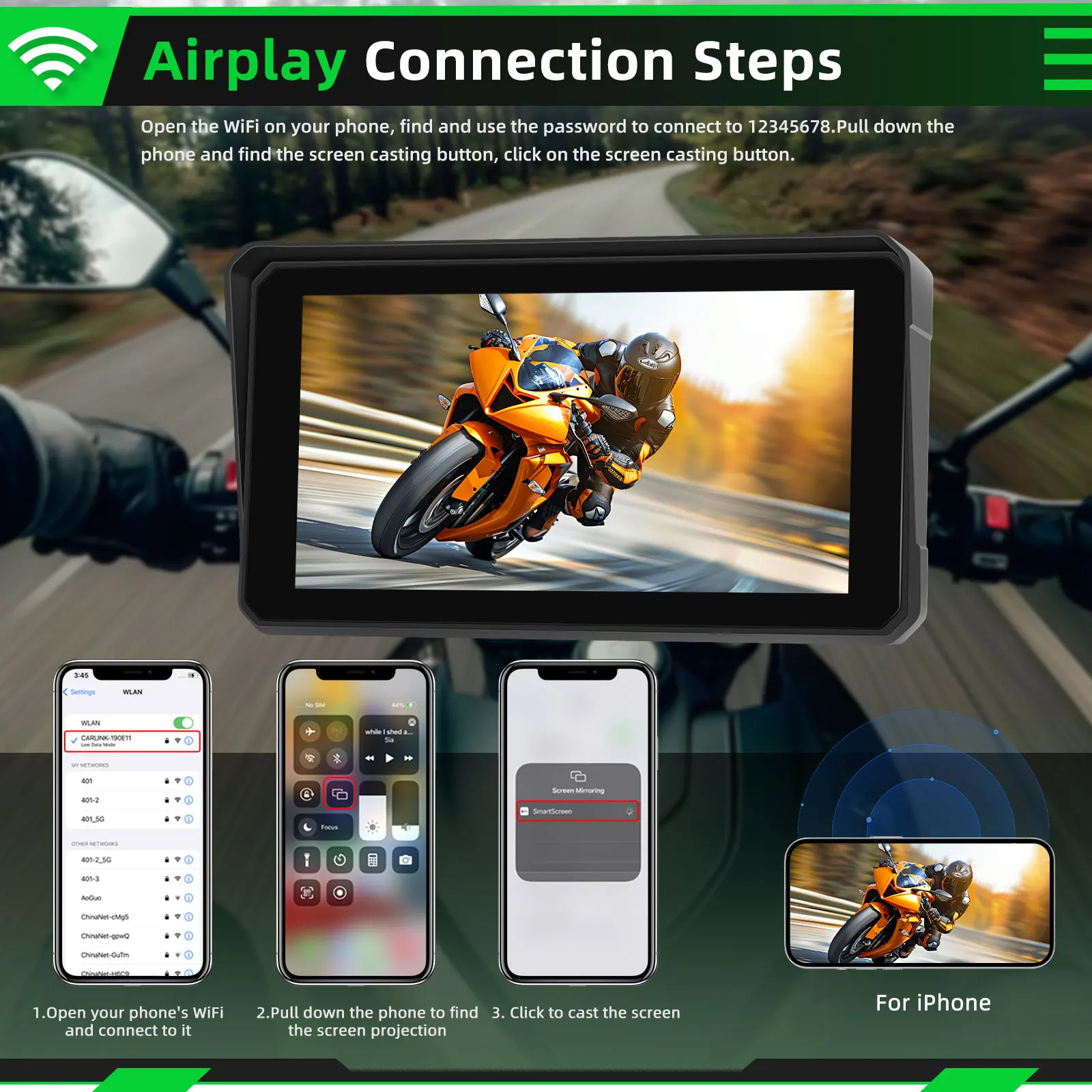 Podofo Carplay Motorrad-Monitor Kabelloses Android Auto Airplay IP68 Wasserdichter Tragbarer Monitor Reifendruckerkennung (Optional) – Detail 11