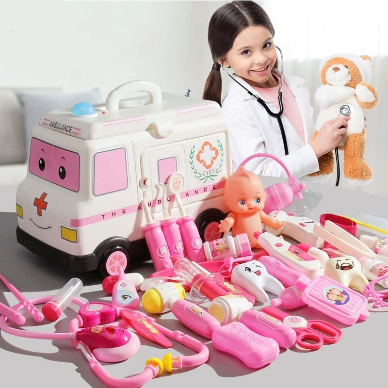 Doctor Toys for Children Educational Set Kids Pretend Play Kit Games for Girls Boys Red Medical Dentist Medicine Ambulance Box