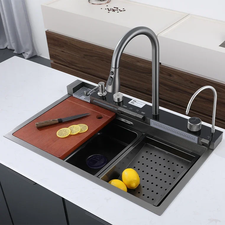 Kitchen Sink 75/46 Single Bowl Handmade Nano Black Whale Faucet Multifunction Waterfall Kitchen Sink Stainless Steel