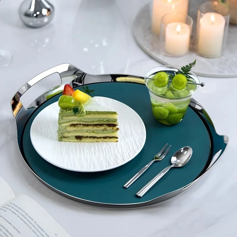 Light luxury Nordic Western food plate Stainless steel round hotel tray Household new home housewarming gift