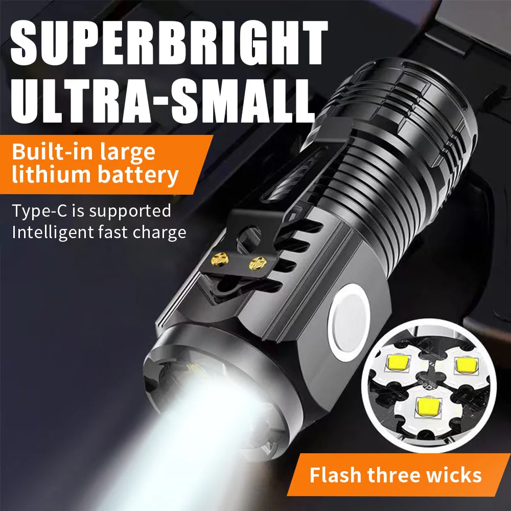 MINI Powerful LED Flashlight Strong Light Three-eyed ABS Flashlight Rechargeable Waterproof Clip Light Outdoor Portable Lighting