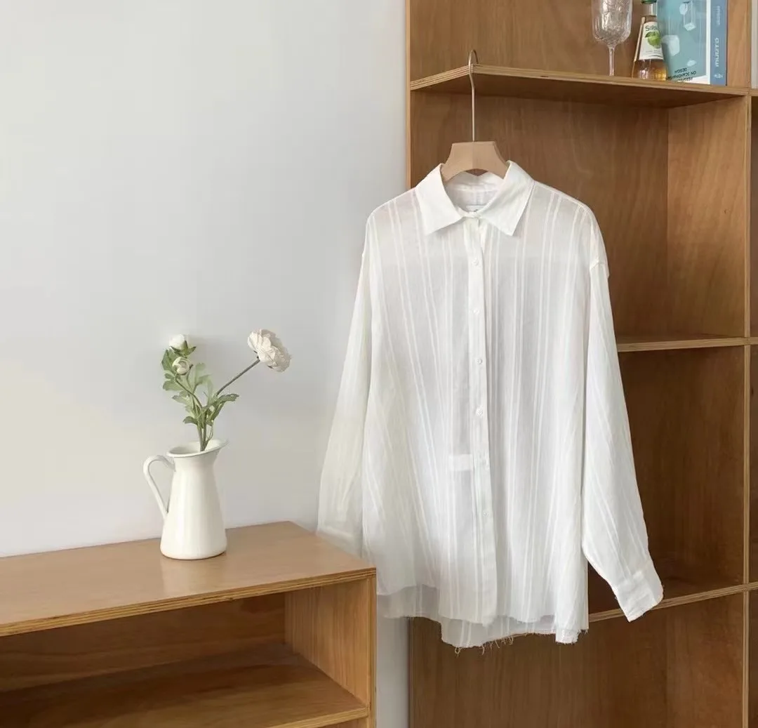 Lose Streifen irt Dongda Gate Sommer Neue Sle Sung Hyun Ah Reine Farbe Abnehmen Sonnenschutz Lange Sve Kragen Frauen...