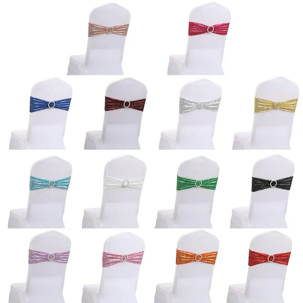 Chair Sashes Plain Tie Stretch Chair Sash Band With Round Buckle Elasticity Chair Back Bowknot Sequin Bandage Party Decoration