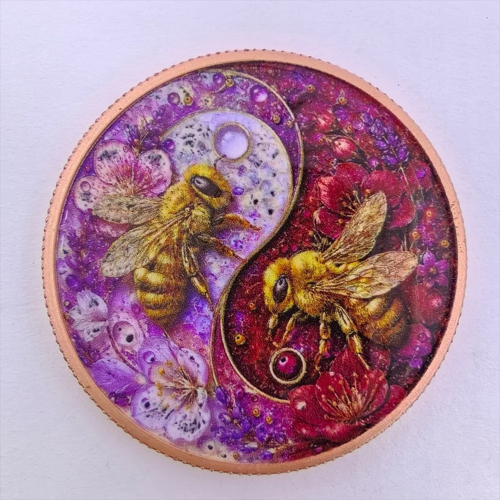Yin Yang Honey Bee 1oz .999 Pure Copper Coin Color Flower Honeycomb Printed Commemorative Coin Home Decor Ornament Souvenir Gift