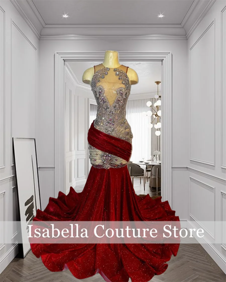 Sparkly Red See-Thru Long Prom Dress Beading Rhinestones Crystal Diamonds Graduation Party Birthday Luxury Dress 2024