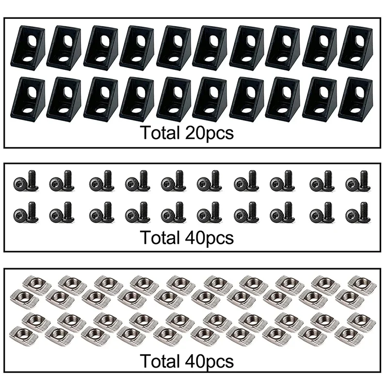 20 Sets Corner Brackets with 40 Pcs T Nuts & Hex Bolts Fastener Kit for 6mm Slot 2020 Aluminum Extrusion Profile Hardware Access