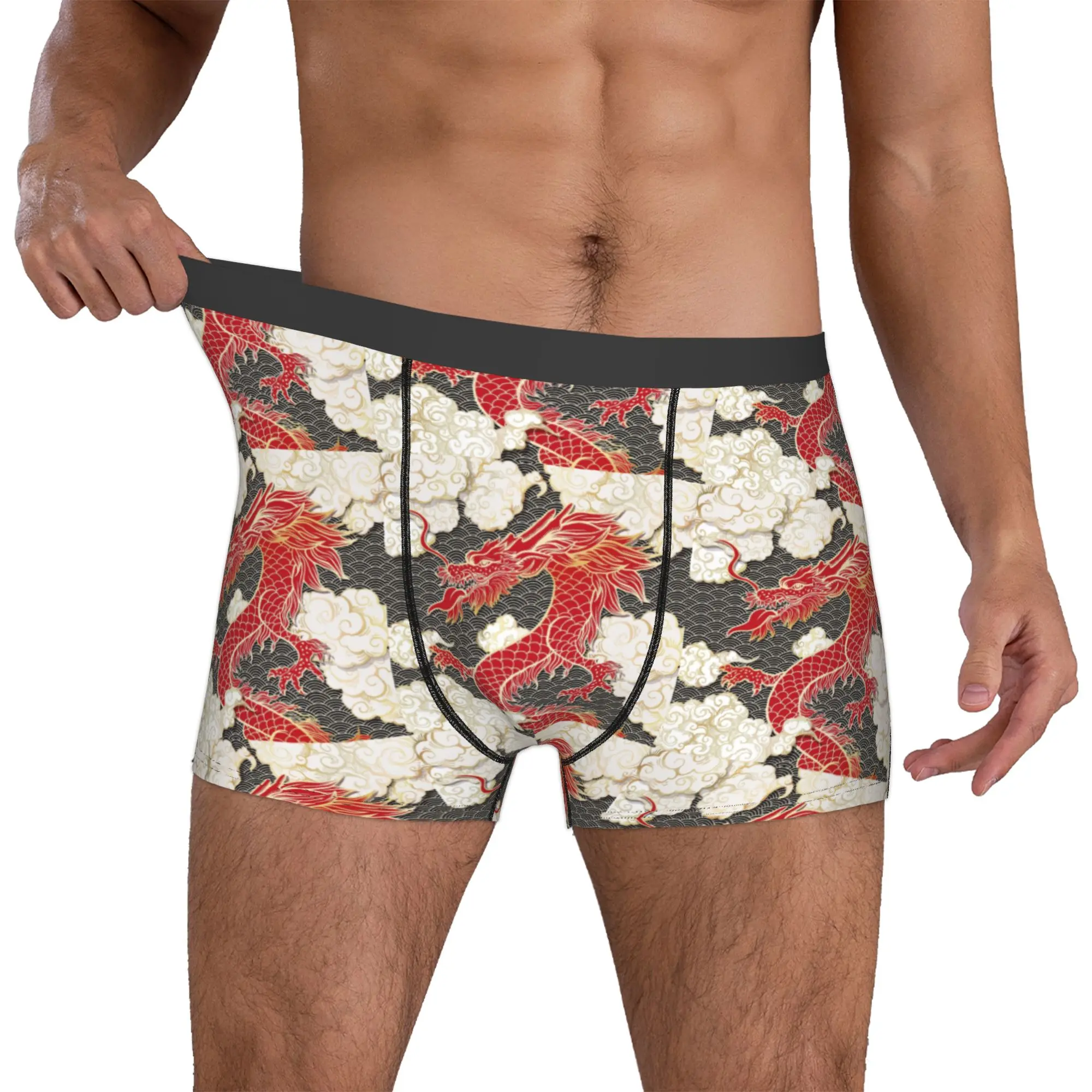 Male Novelty Chinese Red Dragon Totem Pattern Underwear Tradition Asian Style Boxer Briefs Stretch Shorts Panties Underpants