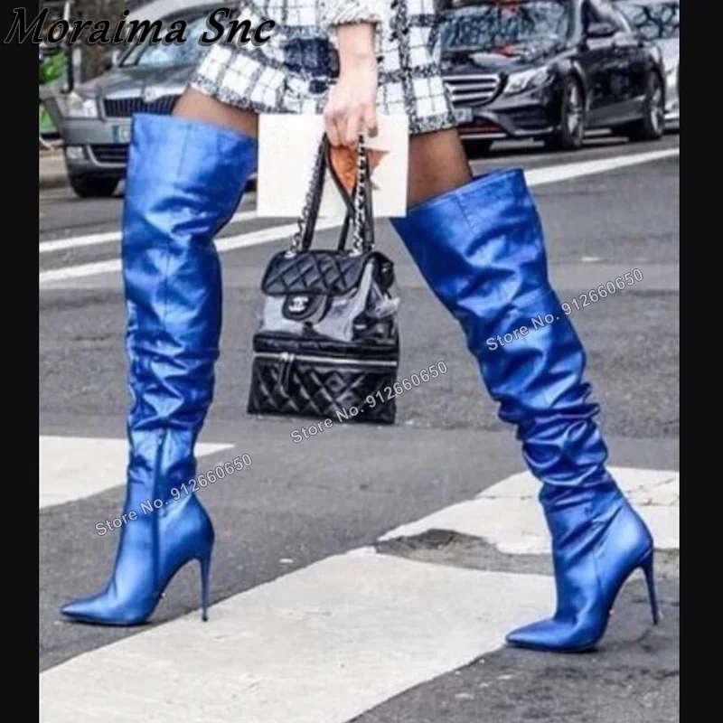 

Moraima Snc Blue Over the Knee Side Zipper Big Size Boots for Women Thigh High Boots Stilettos High Heels Runway Shoes on Heels
