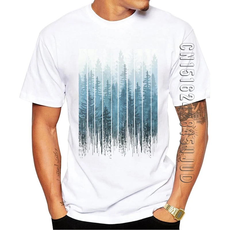 New Arrival Fashion Grunge Dripping Turquoise Misty Forest Print Men T-Shirt 100% Cotton Crew Neck Tops Hipster Tee Male Clothes