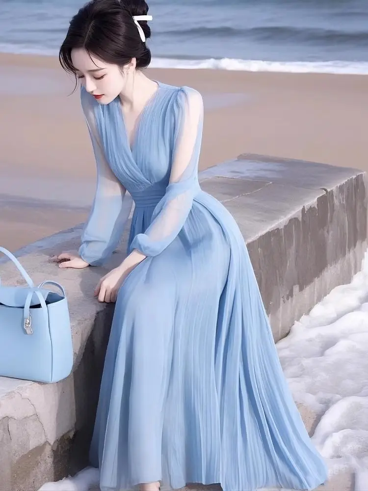 

Spring Temperament Beach and Beach Vacation Gentle Style Blue Chiffon Dress