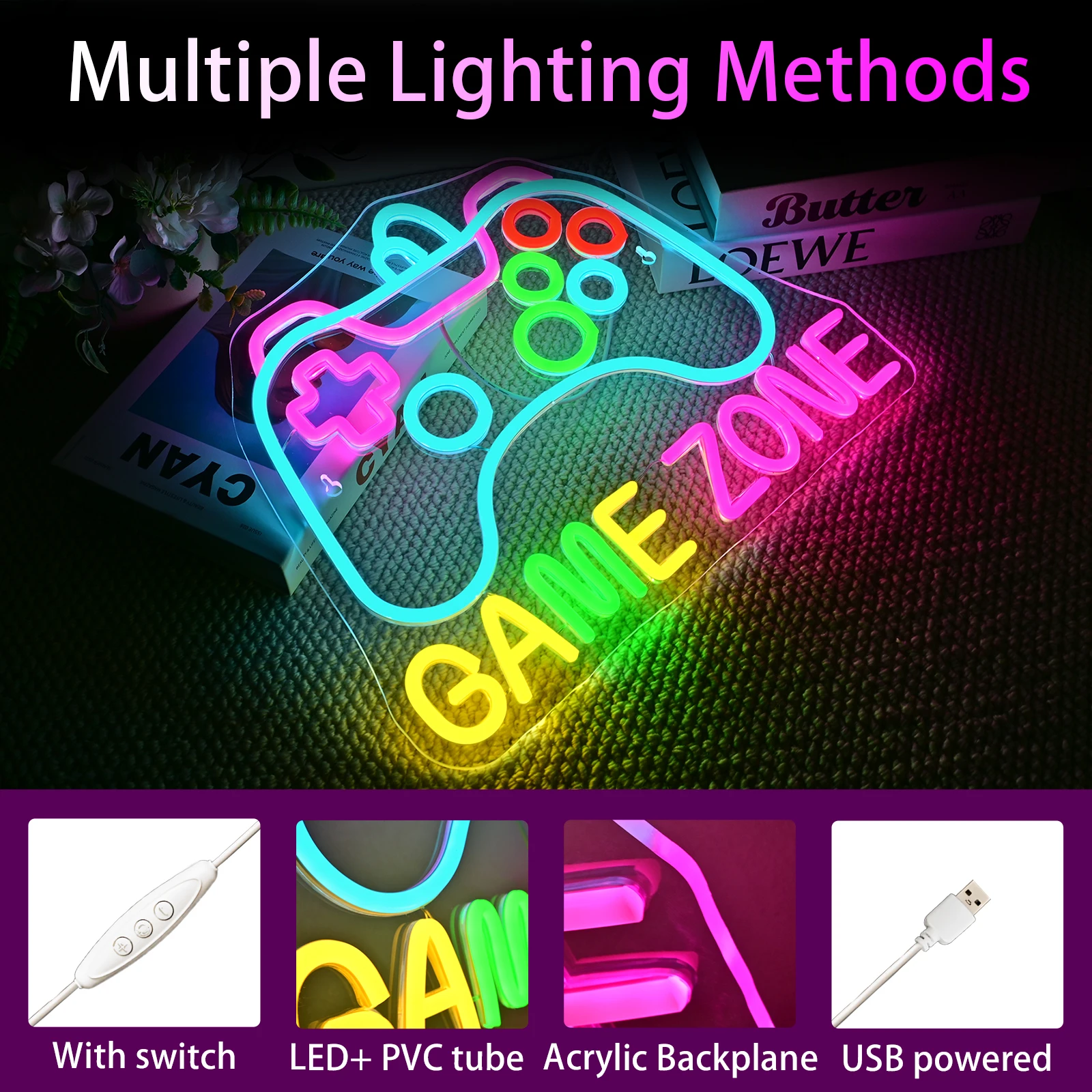 Zona de jogo sinal de néon regulável controlador de néon sinal para sala de jogos decoração gamepad em forma de sinal de néon de jogos para adolescentes meninos decoração do quarto