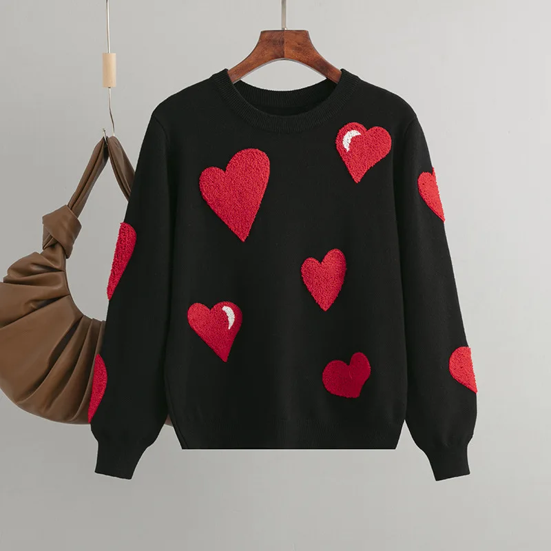 

Atmosphere Heart Flocked Pullover Soft Sweater Women's Top Autumn Winter 2025
