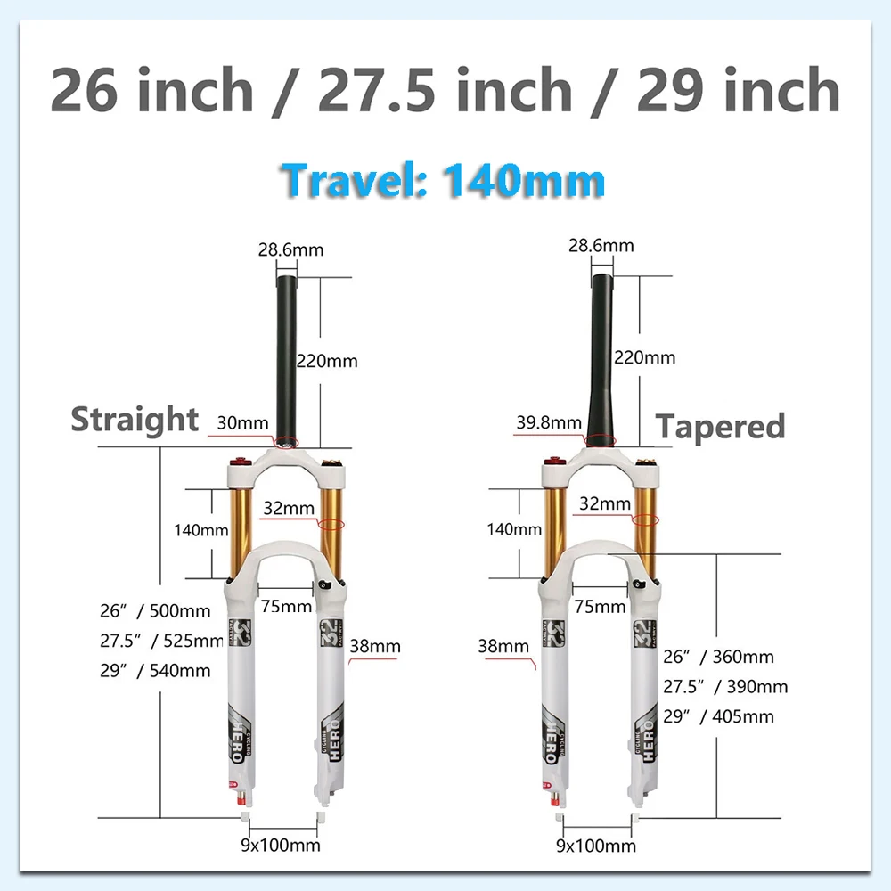 Mountain Bike Air Fork, 140MM Travel, Damping Shock Absorber, Magnesium Alloy, 26 27.5 29\