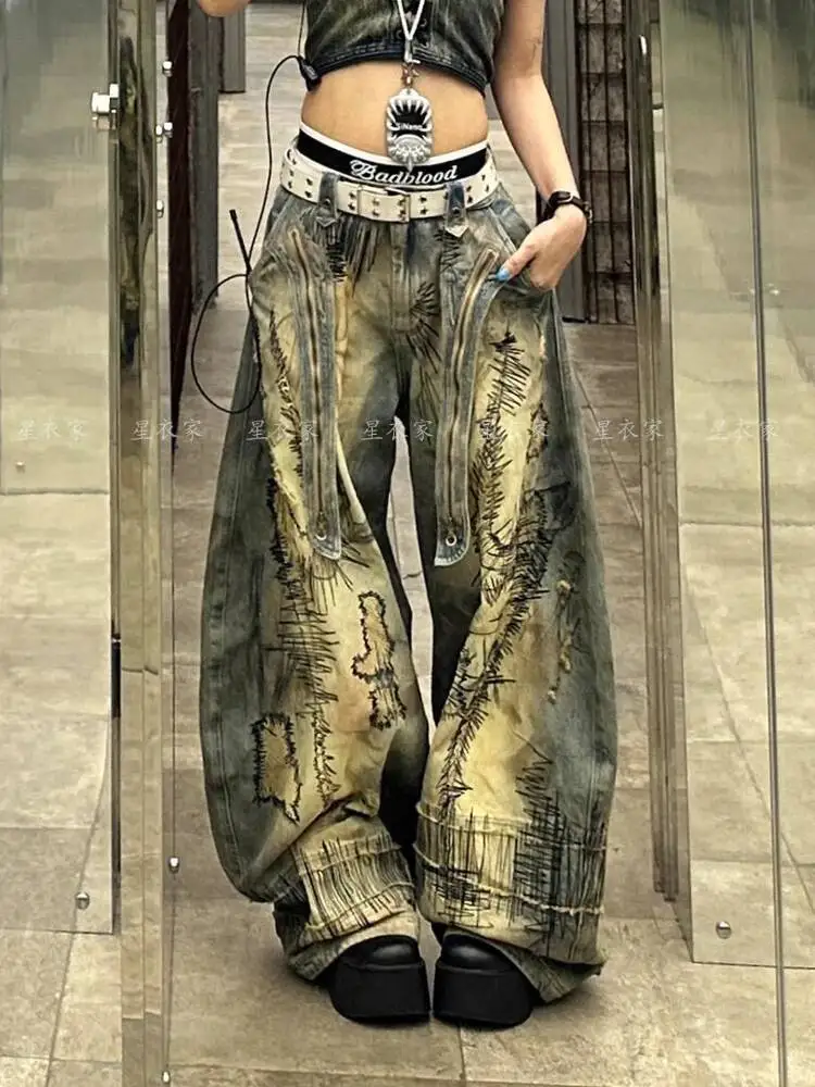 Unisex Jeans 2025 Autumn Winter Women's Retro Distressed Man Denim Pants Random Embroidery Y2K Street Punk Flare Wide Leg Pants