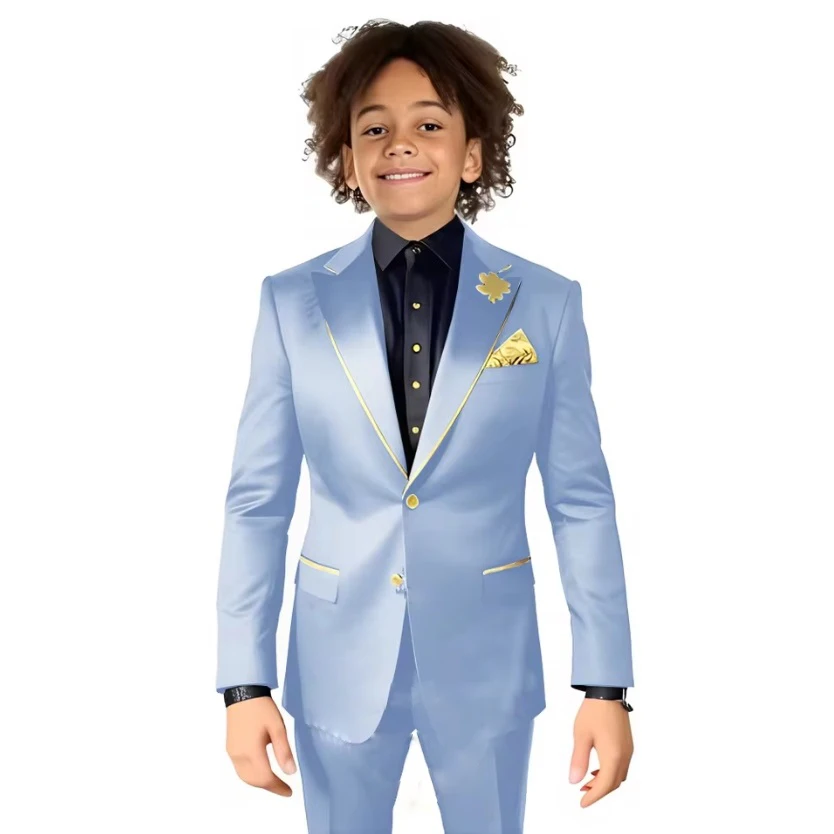 الذهب الساتان الأولاد دعوى الزفاف الأطفال سهرة السترة السراويل 2 قطعة مجموعة الذروة التلبيب 2-16 سنة مخصص الزي سليم صالح الصبي #5