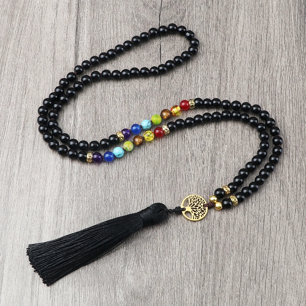 6mm Black Onyx 7 Chakra Necklace Shiny Obsidian 108 Mala Bead Tree of Life Tassel Pendnat Long Necklaces Bohemian Tribal Jewelry