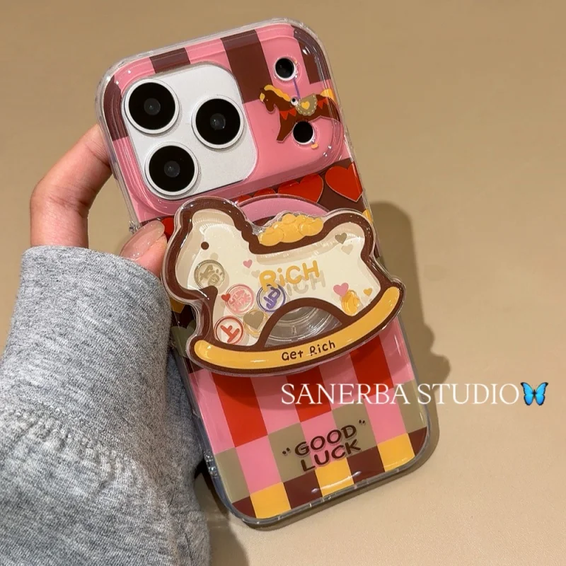 

Fashion Cute Love Heart Plaid Pattern Magnetic Phone Case For iPhone 17 Pro 16 14 15 Pro Max Cover with Shaking Stand Cartoon Ca