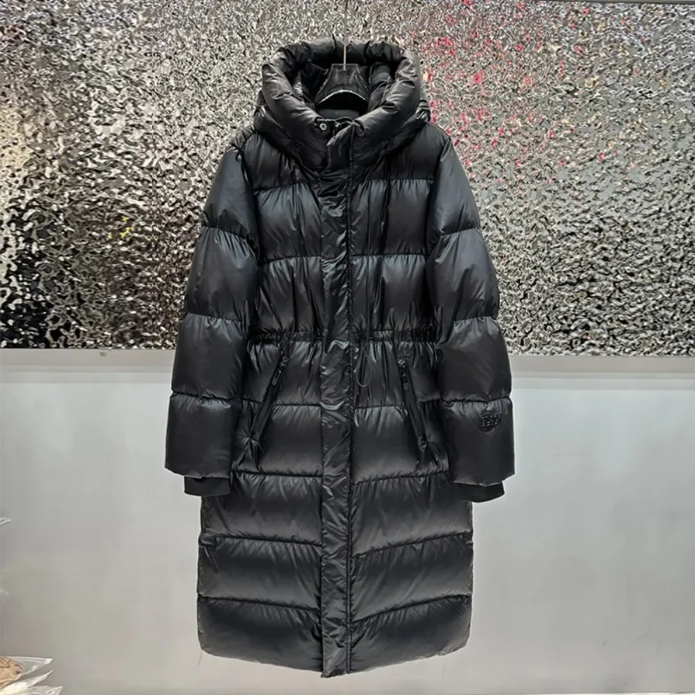 

Hooded 90% White Duck Down Jacket Women Ultra-Thick Puffer Jacket 2025 New Winter Extra Long Warmth Black Glossy Fluffy Coat