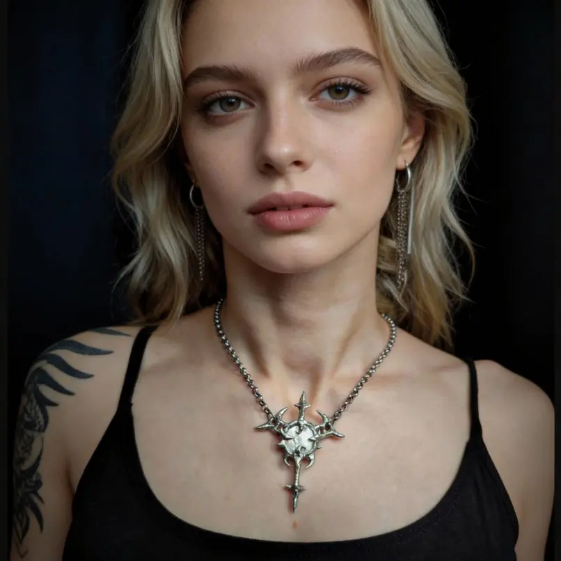 Soldered Crisscross Thorns Claw Brutalist Y2k Jewelry Semi-precious Stone Labradorite Metal Stainless Steel Necklace