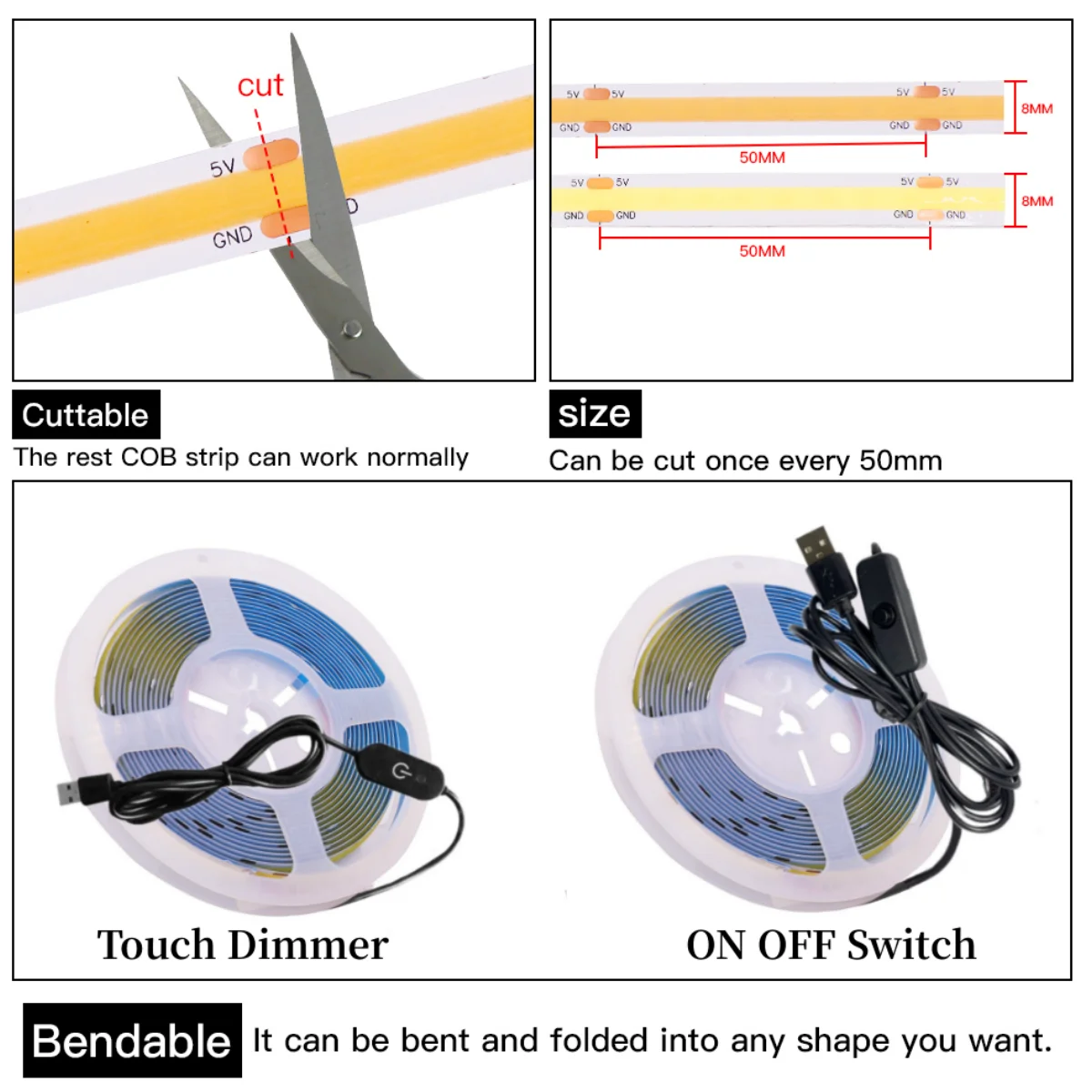 Bande lumineuse LED COB, 5V USB, RA90, éclairage linéaire pliable, lampe à diode, rétroéclairage TV, pièce, interrupteur marche/arrêt, gradateur RF,