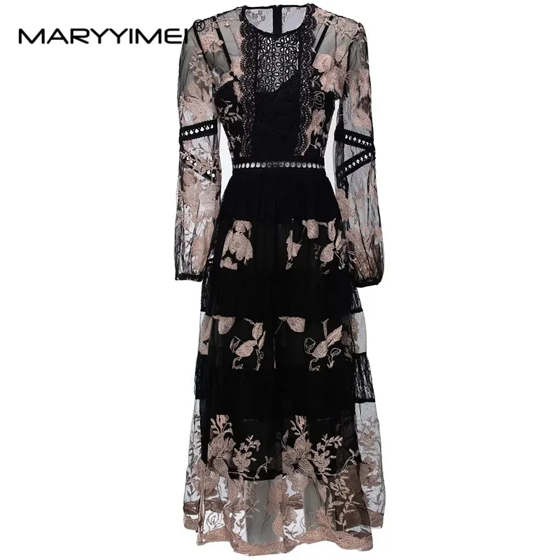 

MARYYIMEI New Fashion Runway Designer Women's Spring Summer Bag Sleeve Light Luxury Noble Embroidery Hollow Retro Gauze Dress