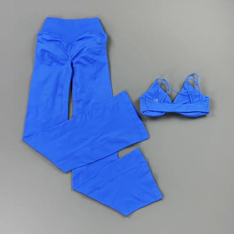 2Pcs Vision Flares Leggings Set Women Seamless Crossover Waist Flare Pants Open Back Halter Bra Sexy Yoga Top Workout Gym Sets
